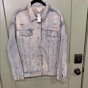 POL Studded Distressed Light Wash Denim Jacket
